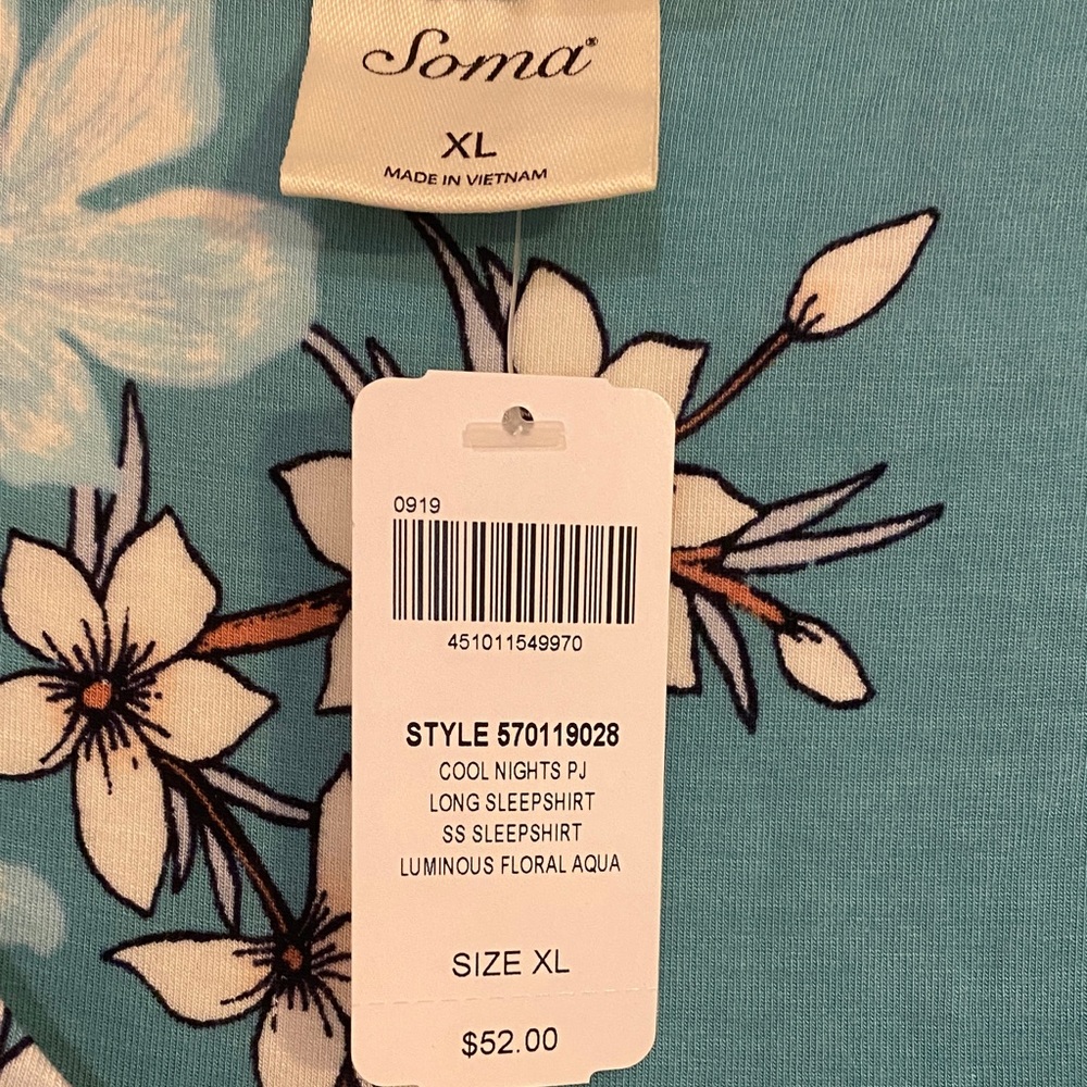 Soma XL Cool Nights Long Sleepshirt SS - Teal Floral Nightgown 93% Rayon - Picture 3 of 12
